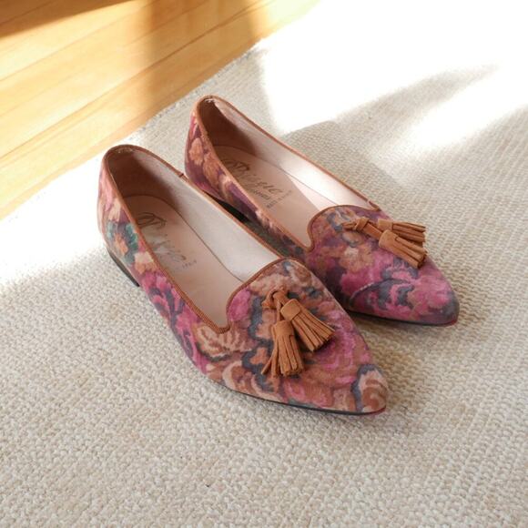 Anthropologie Bique Ballerinas | Velvet loafer pointed toe floral suede trim siz - Picture 2 of 13